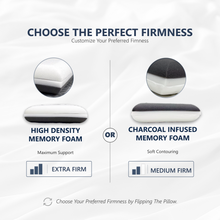 Load image into Gallery viewer, Pillow design with high density memory foam and charcoal infused memory foam options on a white background.