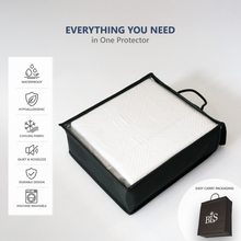 Load image into Gallery viewer, Black mattress protector with white interior on a light gray background, featuring BLS branding.
