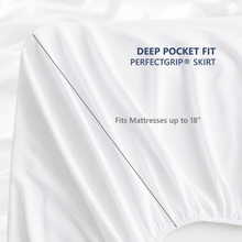 Load image into Gallery viewer, White mattress skirt with text on a white background
