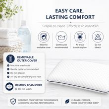 Load image into Gallery viewer, Memory foam pillow with care instructions on a white background