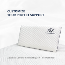 Load image into Gallery viewer, White pillow with 'BLS' logo on a bed, featuring text about customizable support.