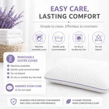 Load image into Gallery viewer, Memory foam pillow with washing instructions on a white background