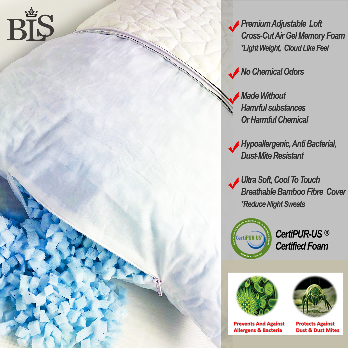 BLS Premium Adjustable Shredded Memory Foam Pillow