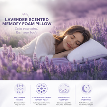 Load image into Gallery viewer, pillow features - breathable design, lavender scented memory foam, supportive comfort for all sleep positions.
