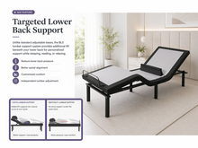 Load image into Gallery viewer, An adjustable electric bed frame with a black metal frame and gray cushioned mattress, shown in a bright, modern bedroom setting. The image includes marketing text on the left explaining the targeted lower back support feature, with before-and-after diagrams illustrating the lumbar support effect.

