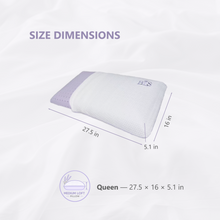 Load image into Gallery viewer, White pillow with purple accents and size dimensions on a light gray background
